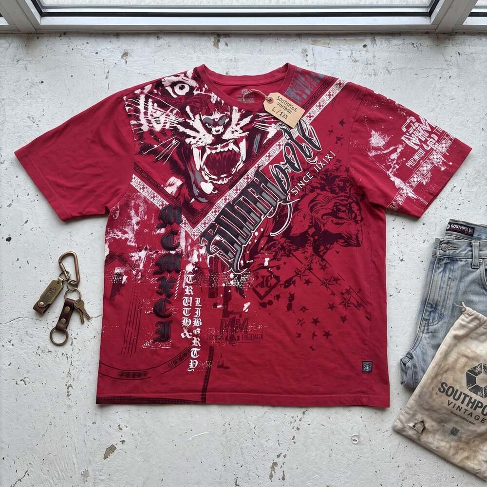 Southpole Graphic T-Shirt Size XL Red Tiger Y2K Grunge